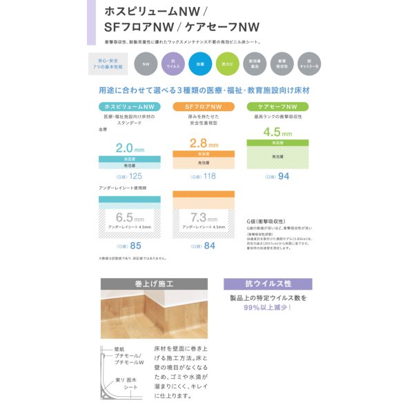 画像2: 東リ 遮音性発泡複層ビニル床シート　ホスピリュームＮＷ（10cm単位での販売） 1820mm（厚2mm）ワックスメンテナンス不要。全厚2mmで衝撃吸収性・耐動荷重性に優れた発泡ビニル床シート。 (2)